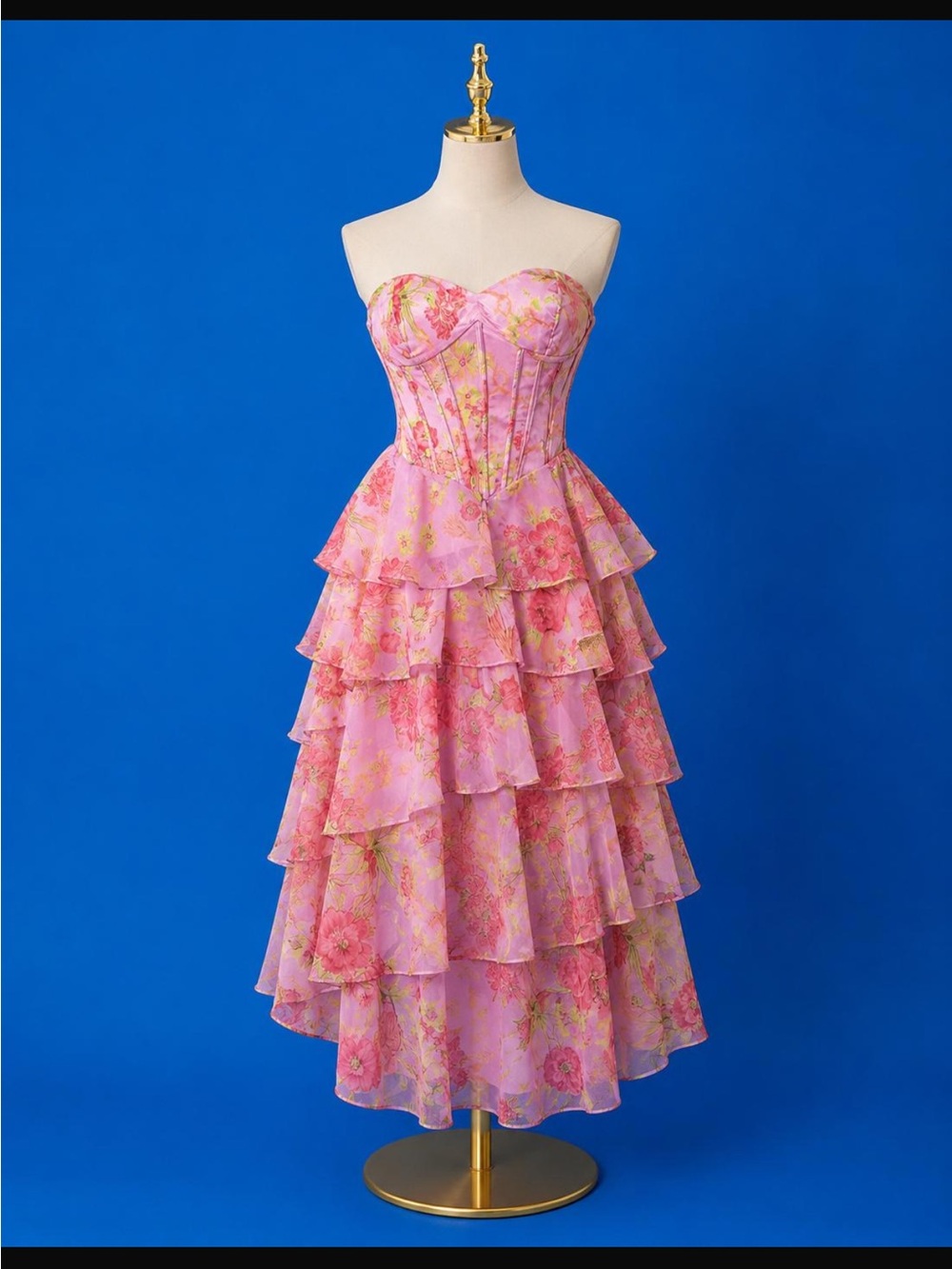 Pink Floral Strapless Tiered Ruffle Midi Dress with Sweetheart Bodice